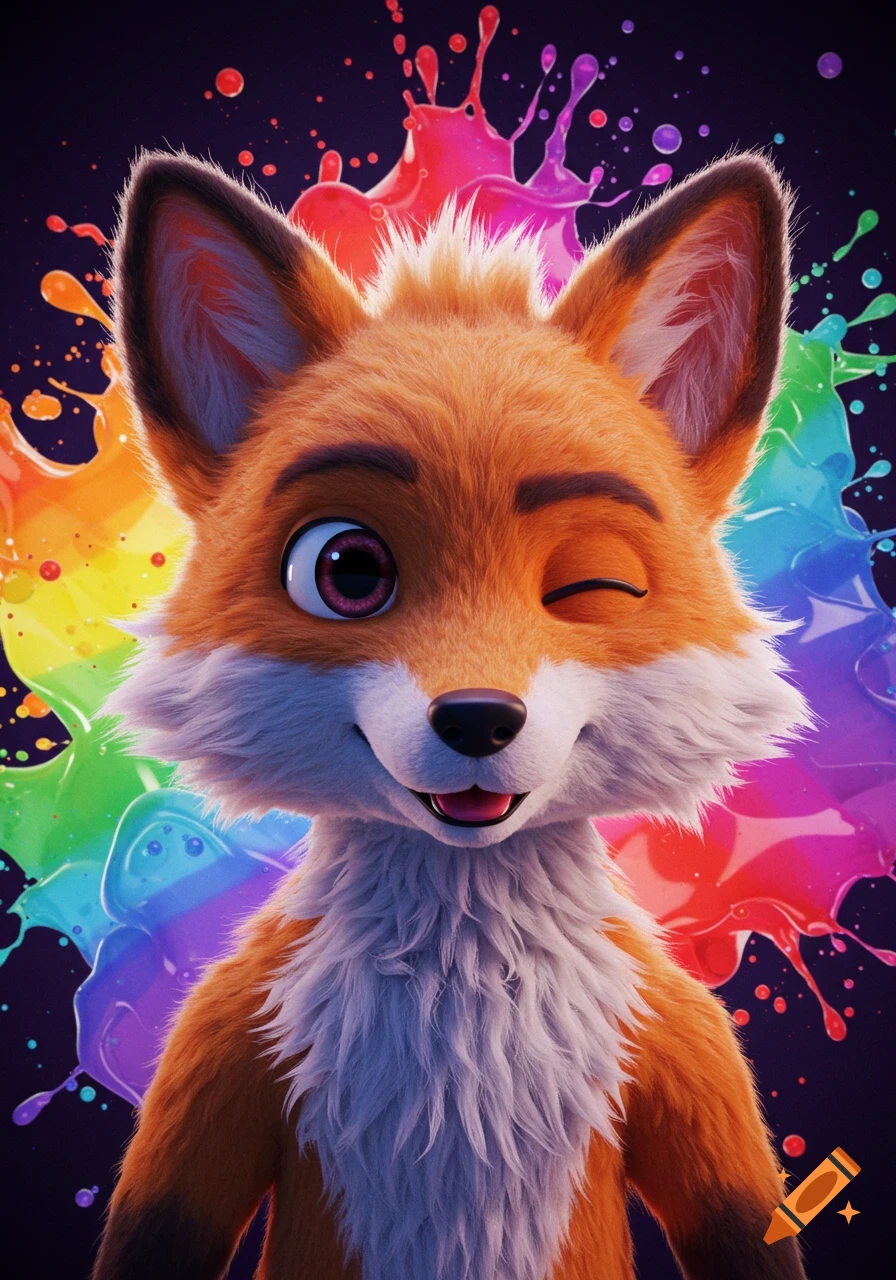 A stylized, cute 3D rendered orange fox character winks at the camera against a vibrant, chaotic rainbow paint splash background.