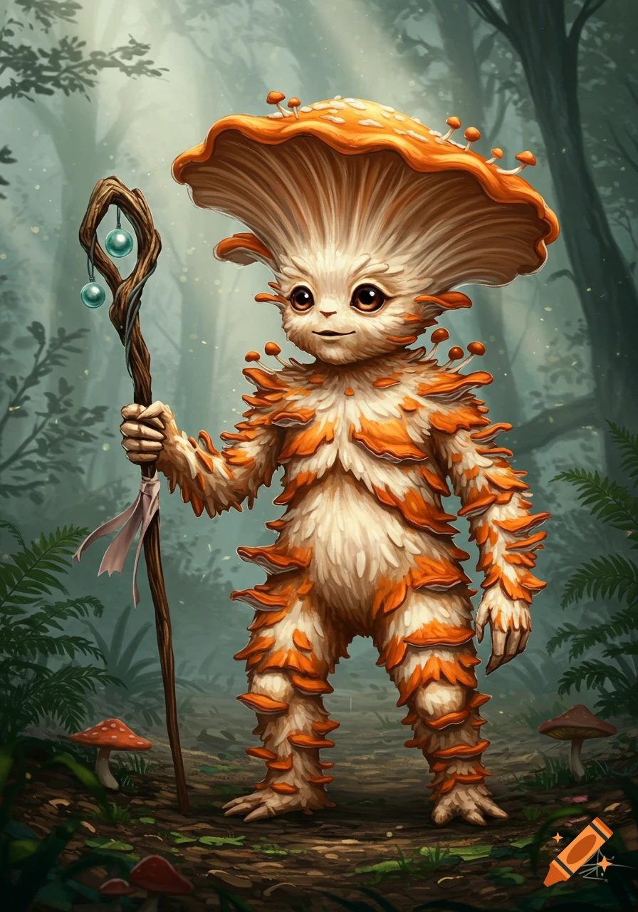 A friendly orange and white mushroom creature (leshy) with big brown eyes, holding a glowing staff in a magical forest.