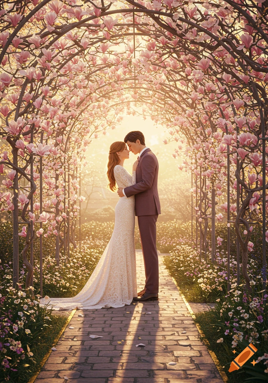 A romantic couple embraces under a lush pink magnolia flower archway in a sunlit garden, looking like a wedding scene.