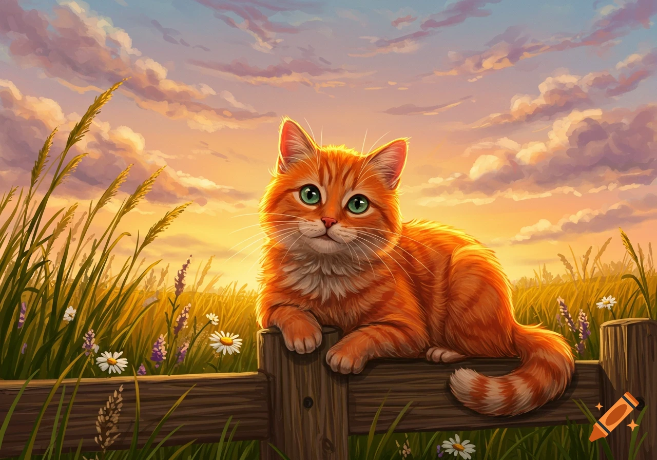 An illustrative orange cat with green eyes lies on a wooden fence in a sunny field with tall grass and flowers at sunset.