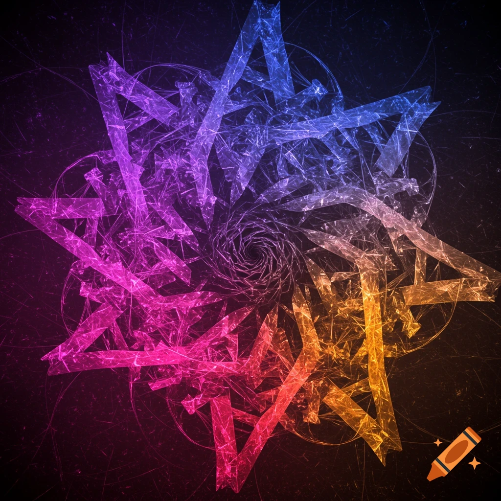 An abstract fractal pattern with a spiraling center, featuring shard-like shapes in blue, purple, pink, and orange gradients.