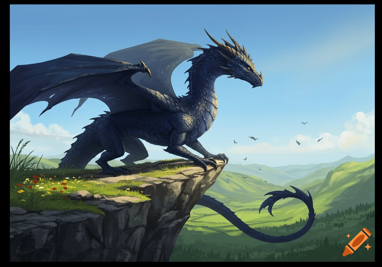A dark blue dragon with gold eyes stands on a sunny cliff overlooking green hills under a blue sky.