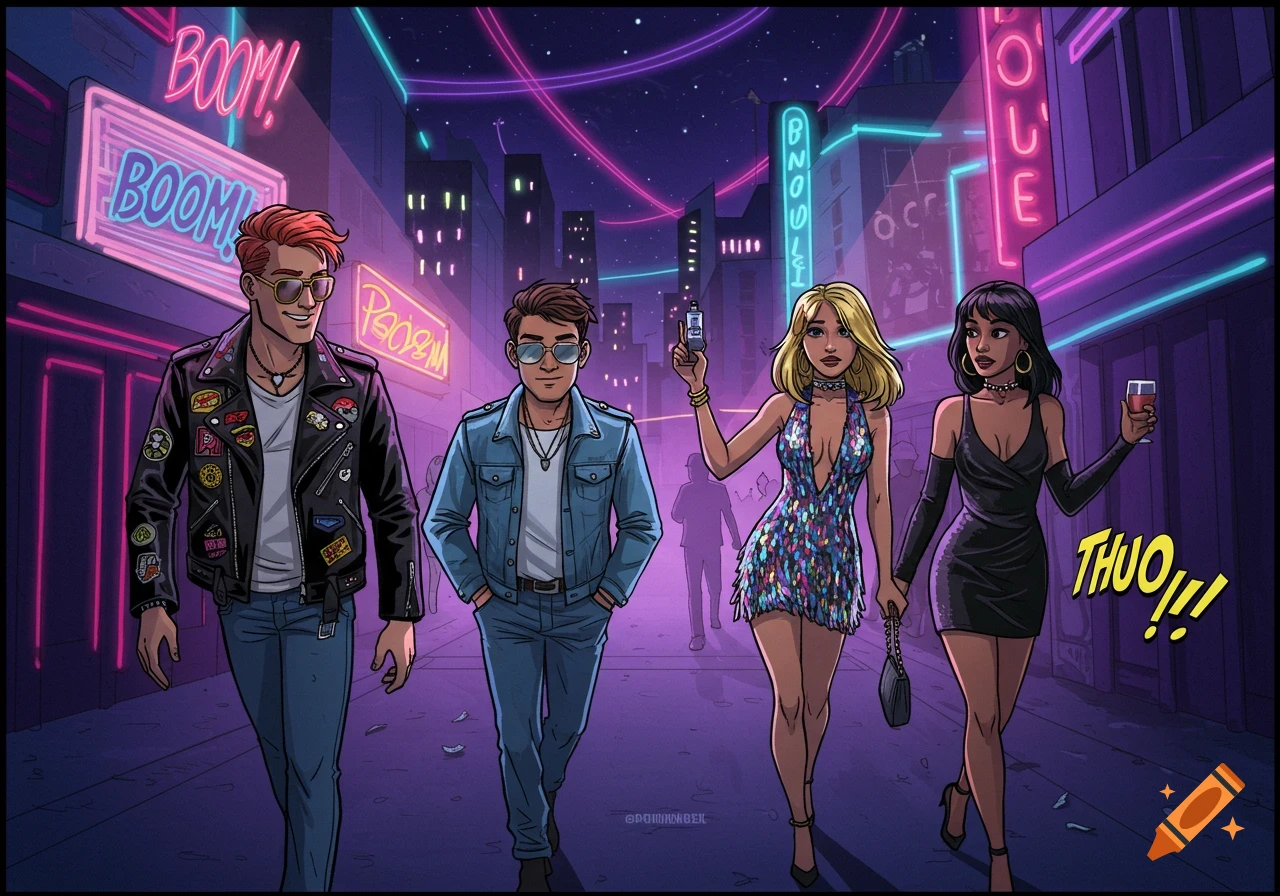 Four friends, two men and two women, walk down a neon-lit city street at night in a comic book style. Neon signs illuminate the background.