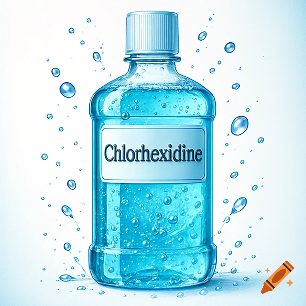 A blue bottle of mouthwash labeled "Chlorhexidine" with water splashes around it, on a light background.