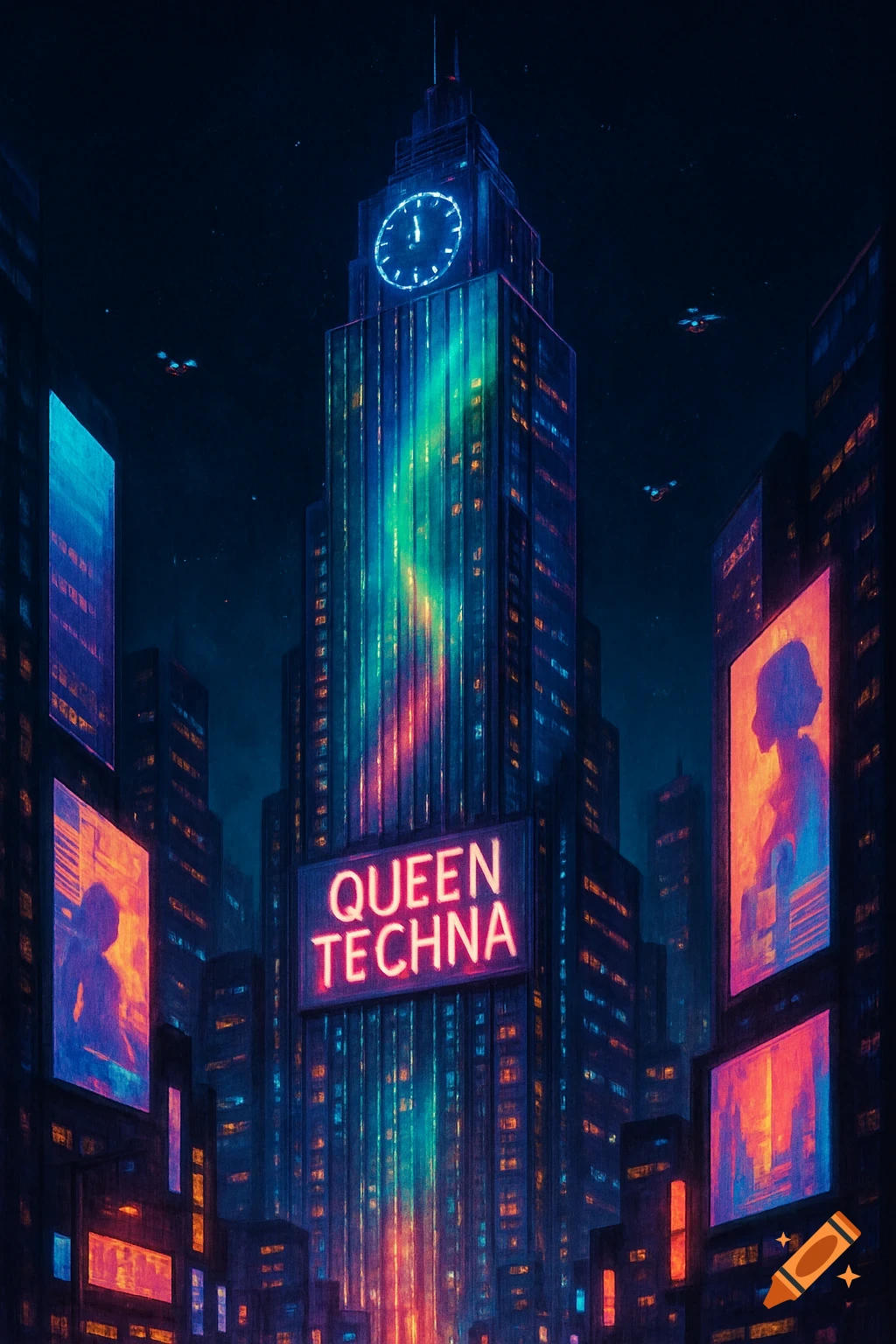A vibrant, futuristic cityscape at night with a tall skyscraper featuring a neon sign that reads 'QUEEN TECHNA' and a clock face.