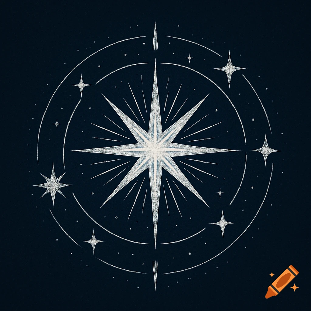 Stylized chalk drawing of a bright multi-pointed star radiating light, surrounded by smaller stars and dashed concentric circles on a dark background.