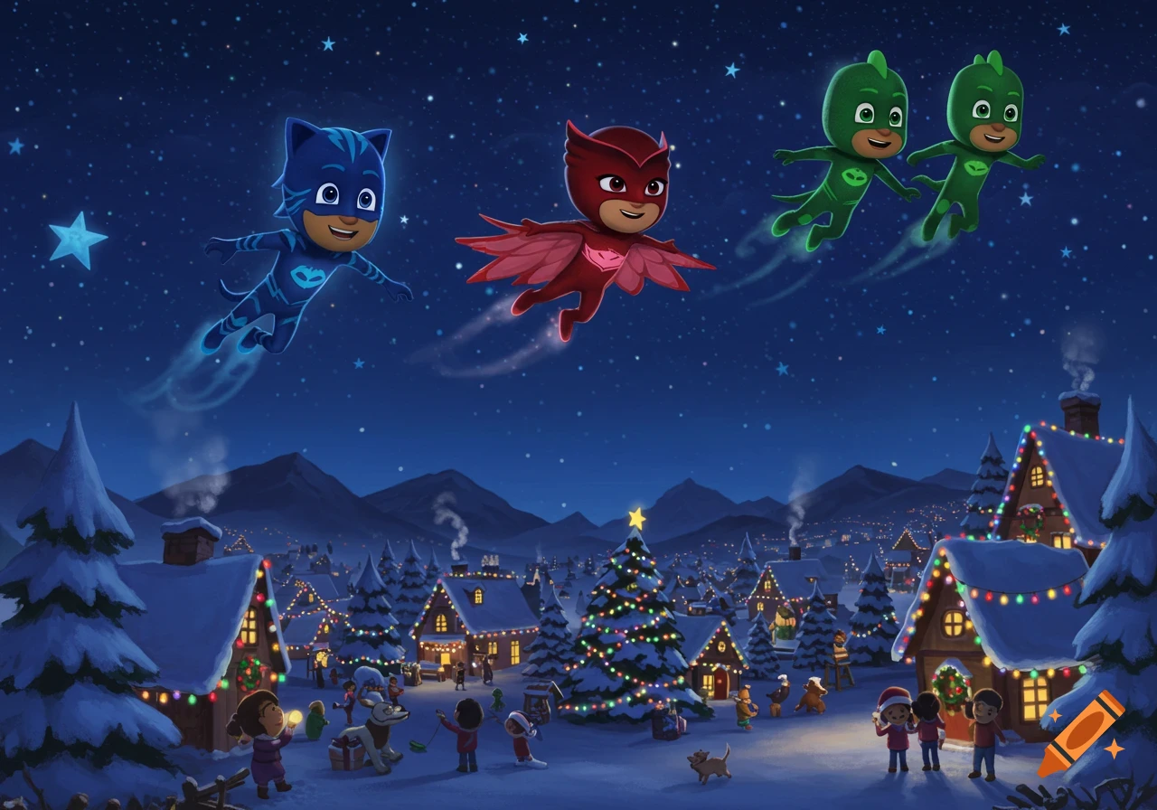 PJ Masks characters fly above a snowy Christmas village with decorated houses and a large Christmas tree at night, children playing below.