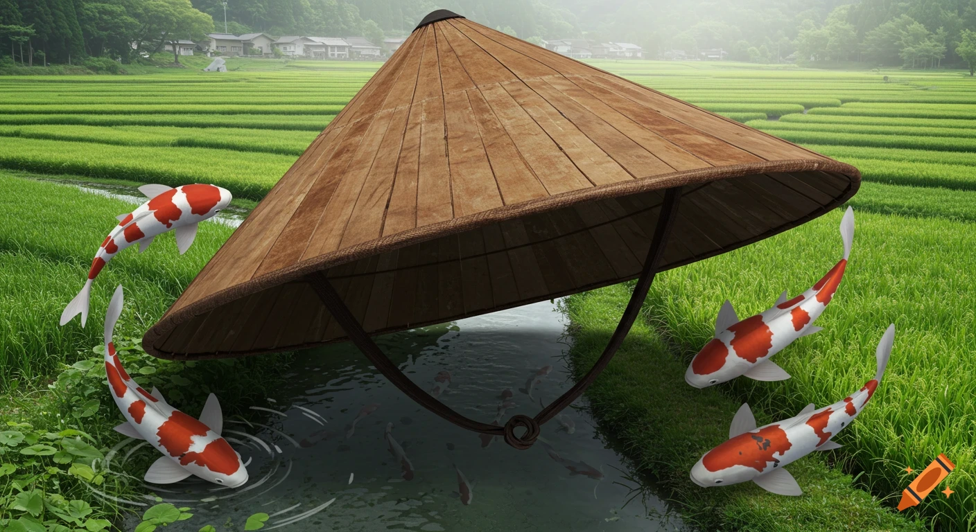 A large, wooden conical hat floats above a stream in a vibrant green Japanese rice paddy field, with several red and white koi fish swimming around.