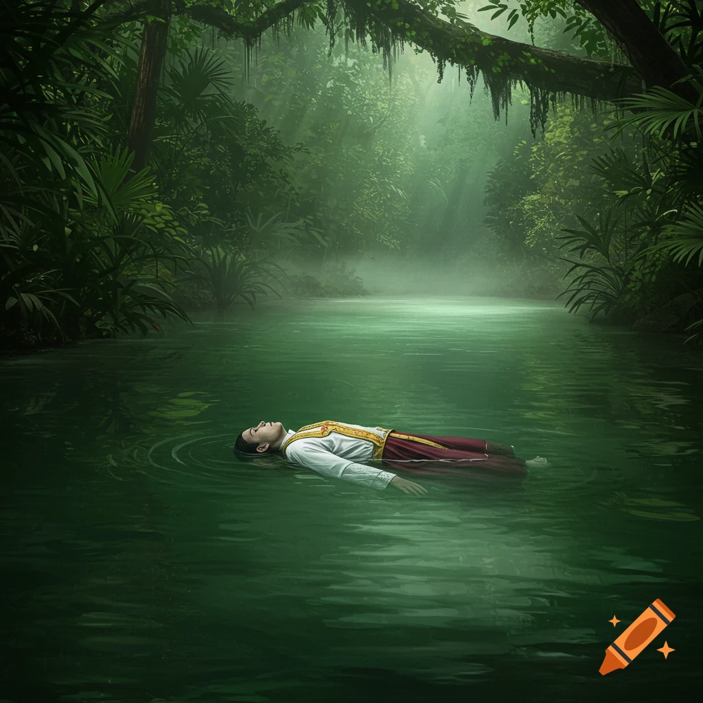 A person in white and gold robes floats peacefully on their back in a lush, green jungle river.
