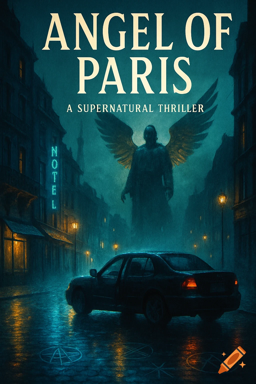 A dark, rainy Parisian street at night with a parked car, featuring a ghostly winged figure and text for a supernatural thriller book cover.