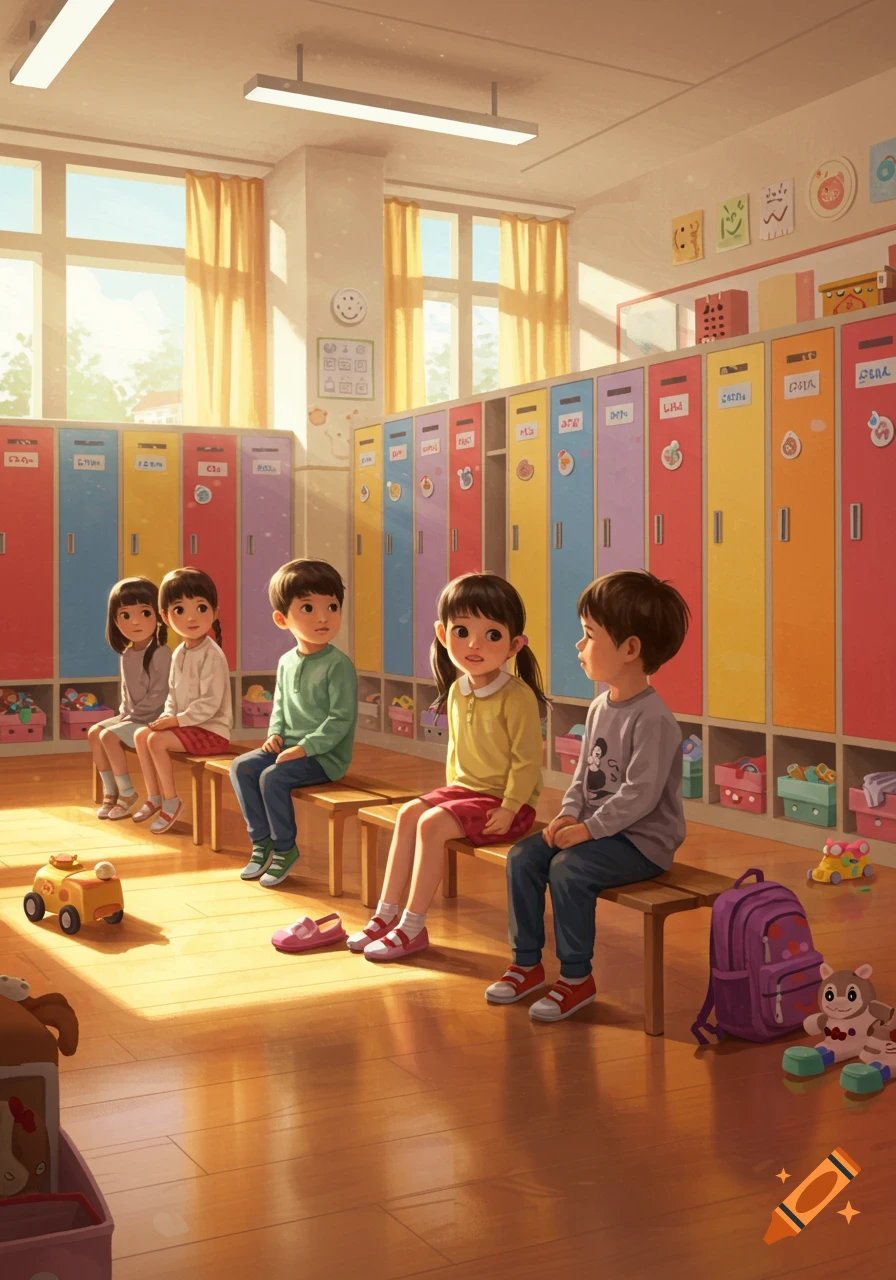 Five young children sit on wooden benches in a bright kindergarten changing room with colorful lockers and toys, sun shining through windows.