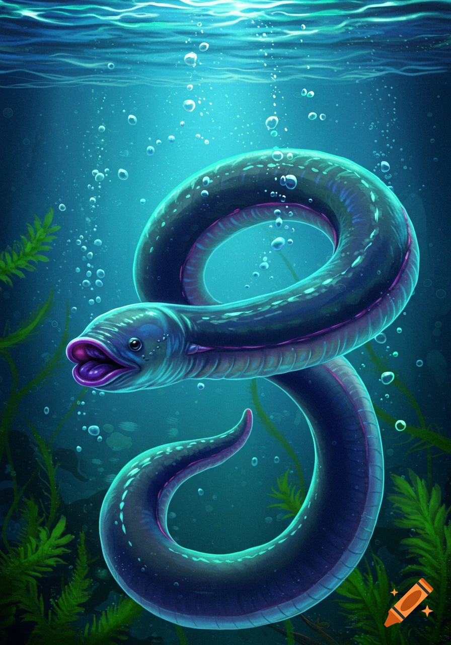 An illustrative blue-black eel-like creature with purple lips and a long body curls and swims amidst bubbles and green underwater plants.