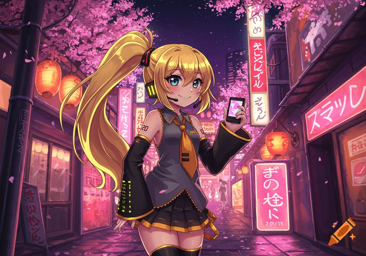 An anime girl with blonde hair and a headset stands on a cherry blossom-lined street at night, holding a phone.