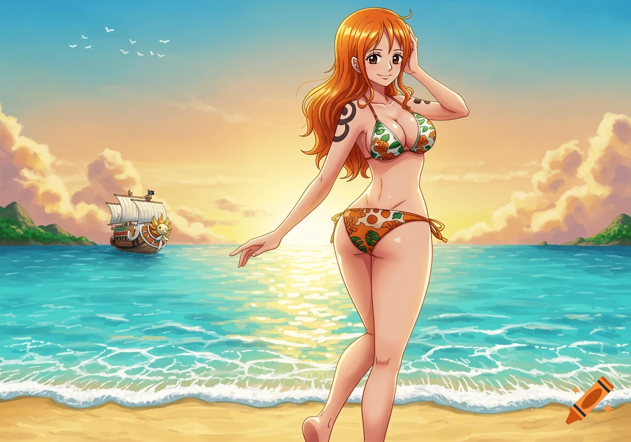 Anime girl Nami in a bikini stands on a sandy beach with a pirate ship on the ocean at sunset.