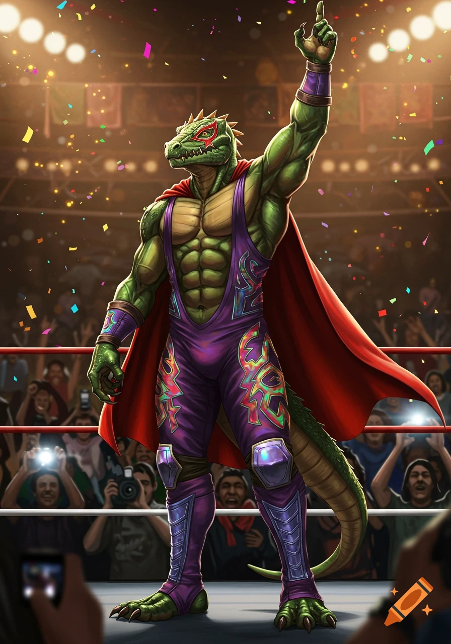 A muscular, green lizardfolk luchador in a red cape and purple outfit raises an arm in triumph in a confetti-filled wrestling ring before a cheering crowd.