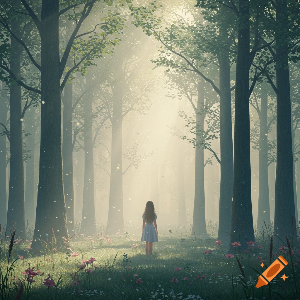 A person in a light dress stands in a magical, sun-dappled forest clearing filled with tall trees and wildflowers.