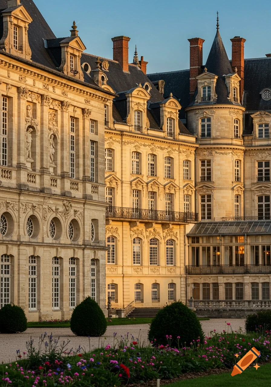 Ornate chateau facade with dormer windows and decorative carvings, bathed in warm sunlight, with flowering gardens in the foreground.