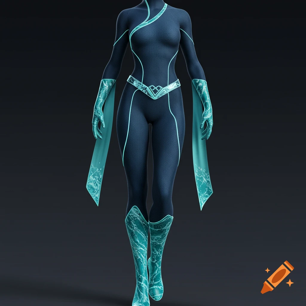 A sleek, midnight navy superhero suit with aqua lines, a geometric belt, and water-patterned aqua gloves, sleeves, and boots.