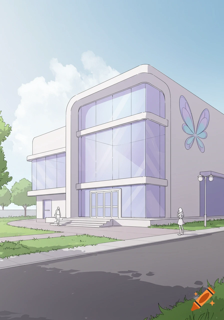 A minimalist cartoon concept art of a modern white building with large windows and a butterfly logo, with two small figures outside.