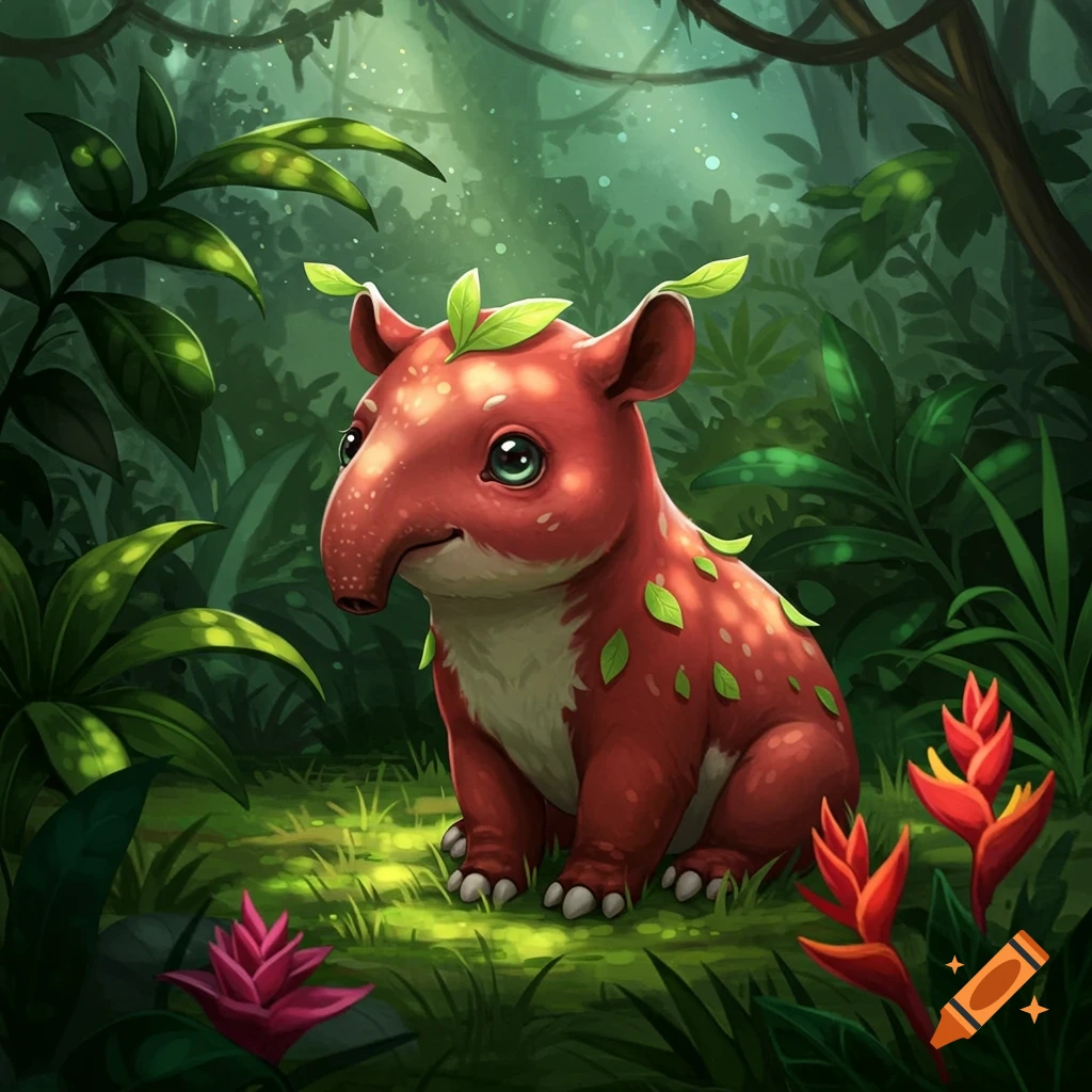 A cute red tapir-like fantasy creature with green leaves on its back sits in a lush green jungle with tropical flowers.