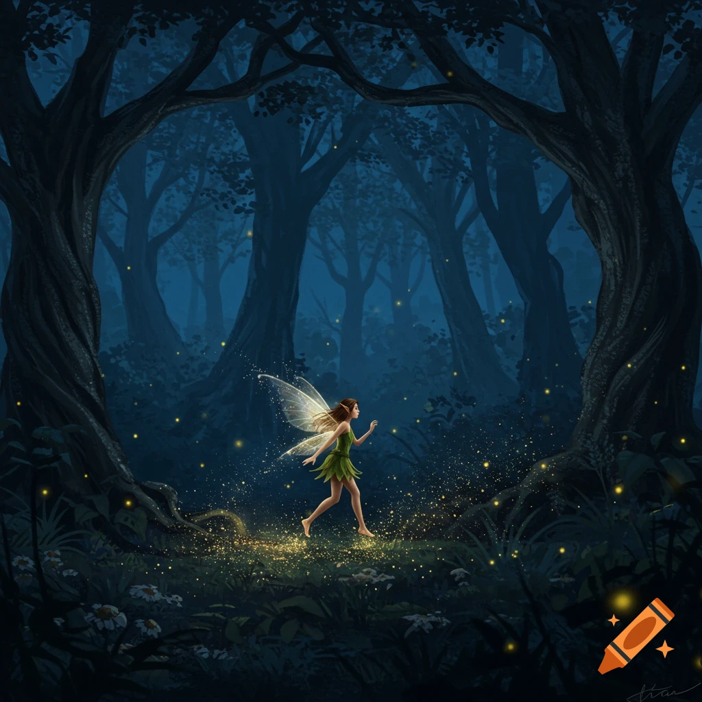 A small fairy with bright wings and a green dress runs through a dark, enchanted forest, leaving a trail of golden sparkling dust.