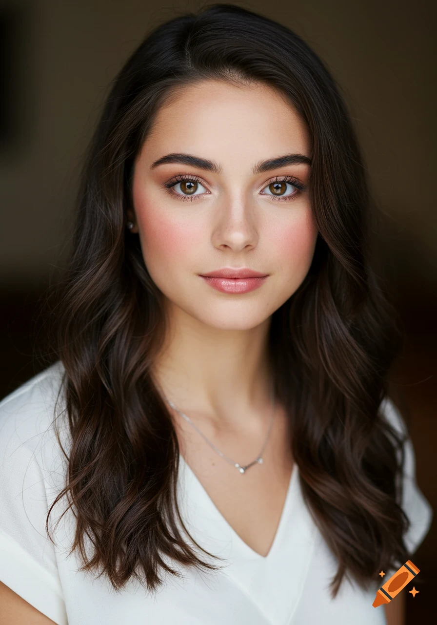 Photorealistic portrait of a young woman with long dark wavy hair, brown eyes, and fair skin, wearing a white shirt and a simple necklace.