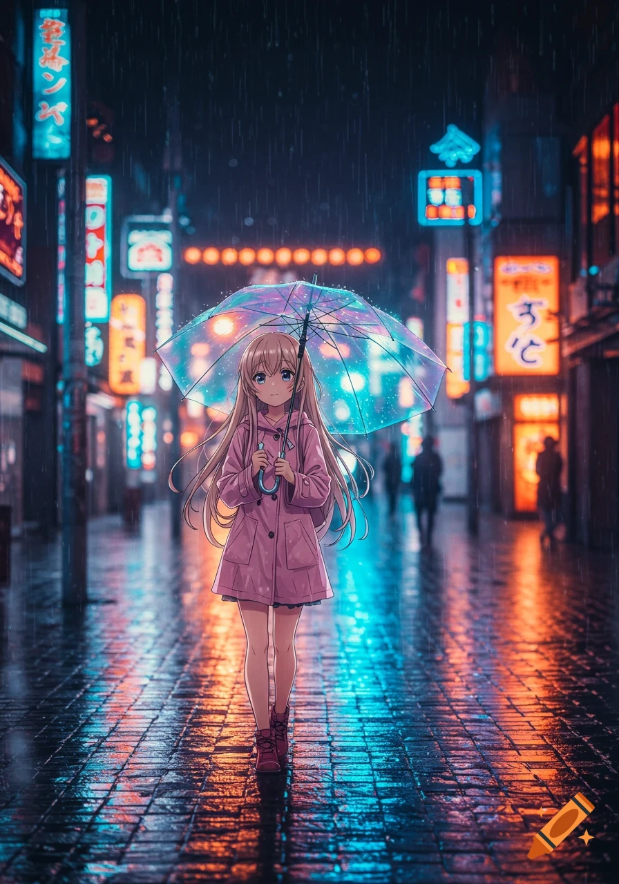 An anime girl in a pink coat walks down a rainy city street at night, holding a colorful umbrella under glowing neon lights.