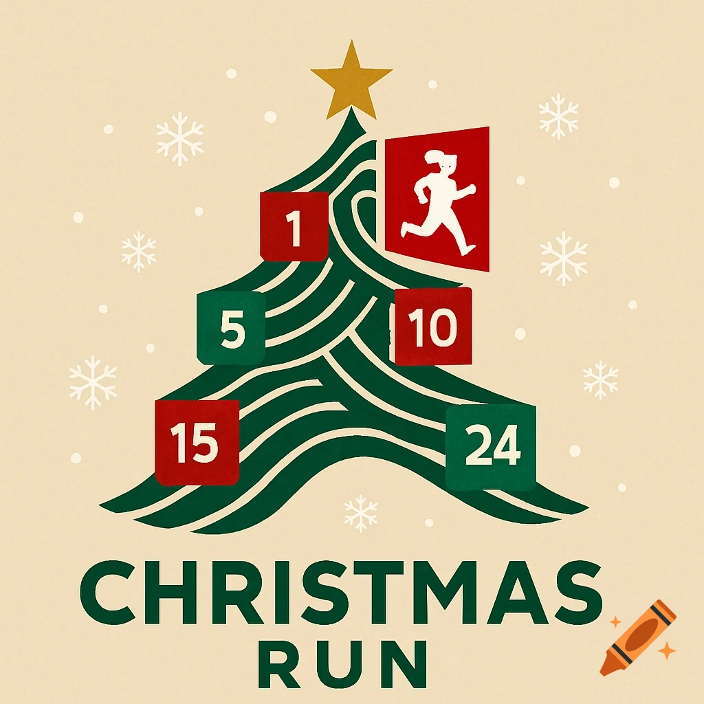 A stylized Christmas tree logo for a running event, with advent calendar numbers and a running person icon, with "CHRISTMAS RUN" text below, on a snowy background.