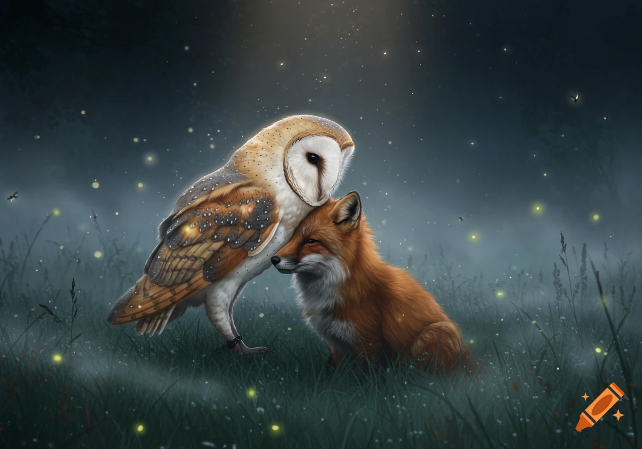 A barn owl embraces a fox in a mystical, firefly-lit dark forest, digital painting style.