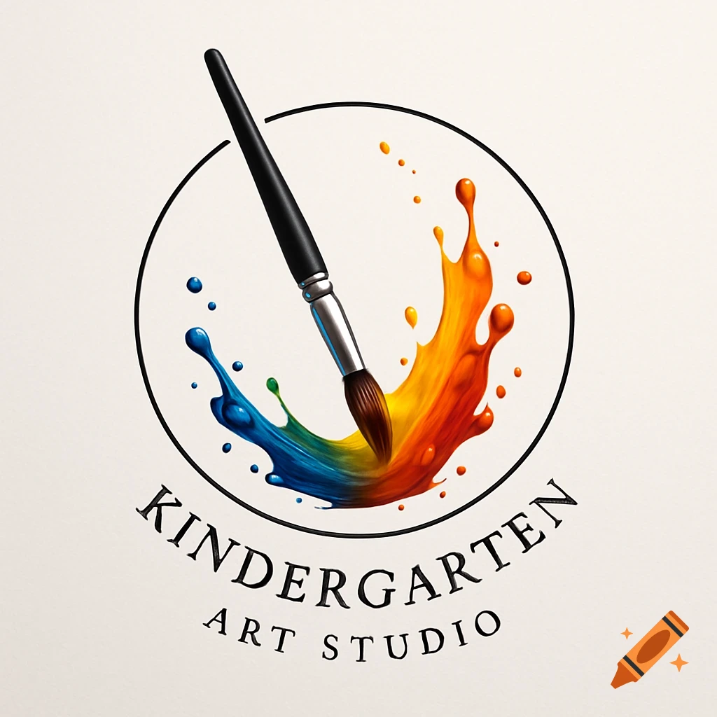 A logo featuring a paintbrush dripping vibrant blue, green, orange, and red paint within a black circle, above "KINDERGARTEN ART STUDIO".