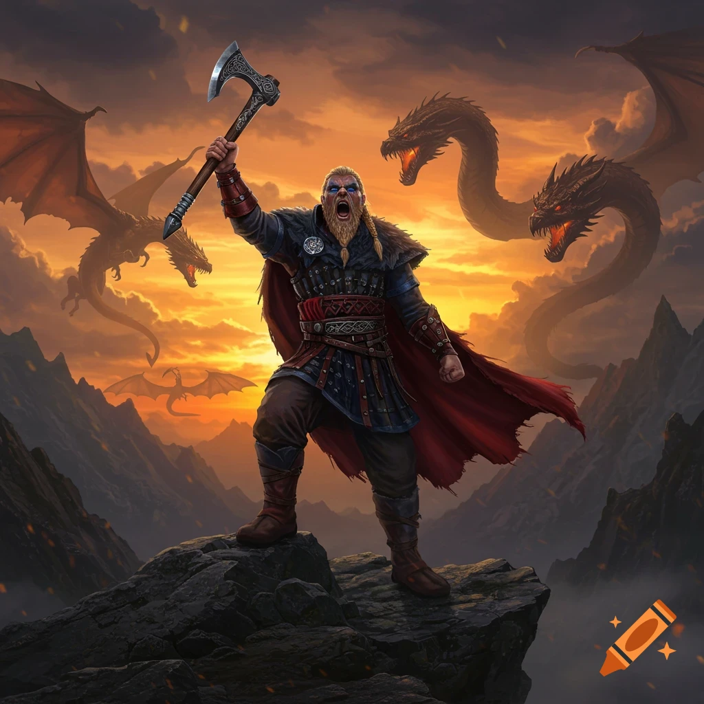 A roaring Viking warrior with an axe on a mountain peak against an orange sunset sky with dragons flying.
