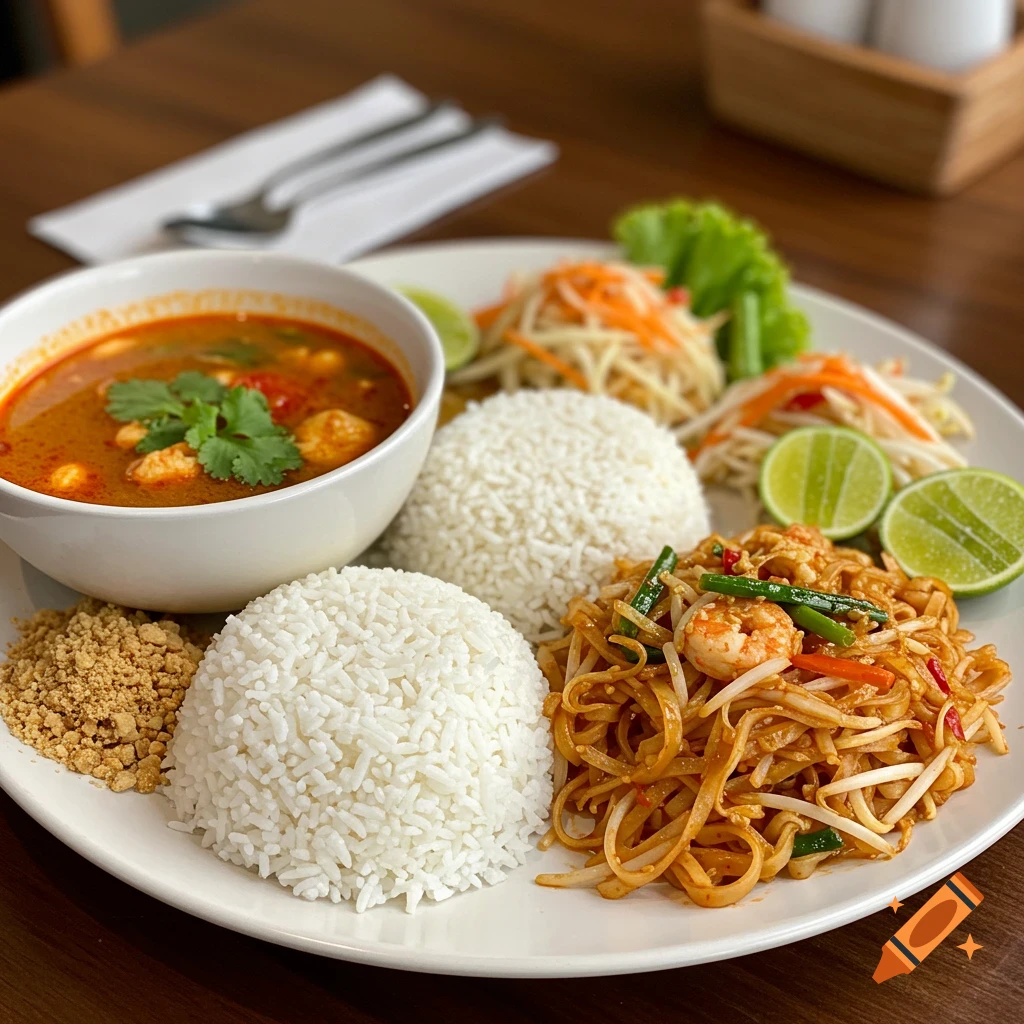 A close-up of a white plate featuring Thai dishes: red soup, white rice, shrimp pad Thai, papaya salad, and lime wedges on a wooden table.