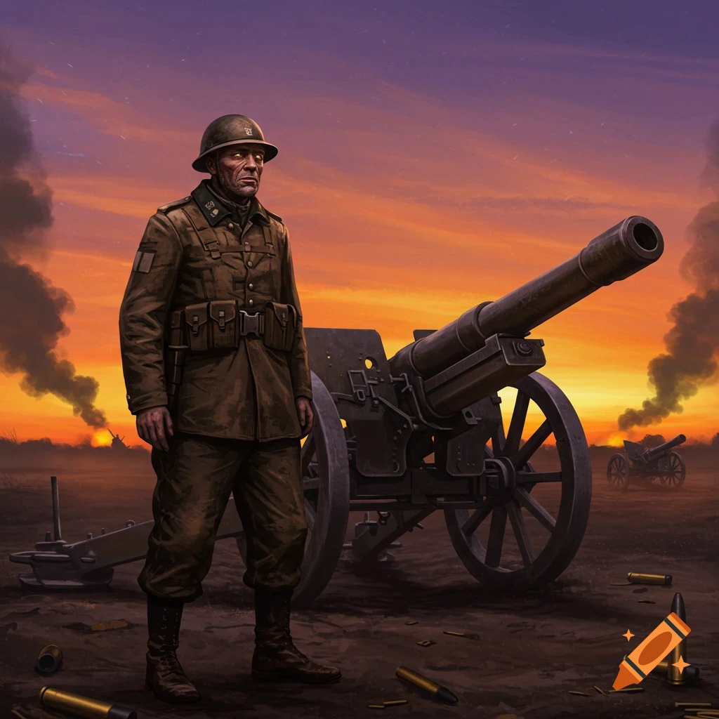 A somber soldier in a uniform stands next to an artillery cannon on a smoky battlefield at sunset, with spent shells on the ground.