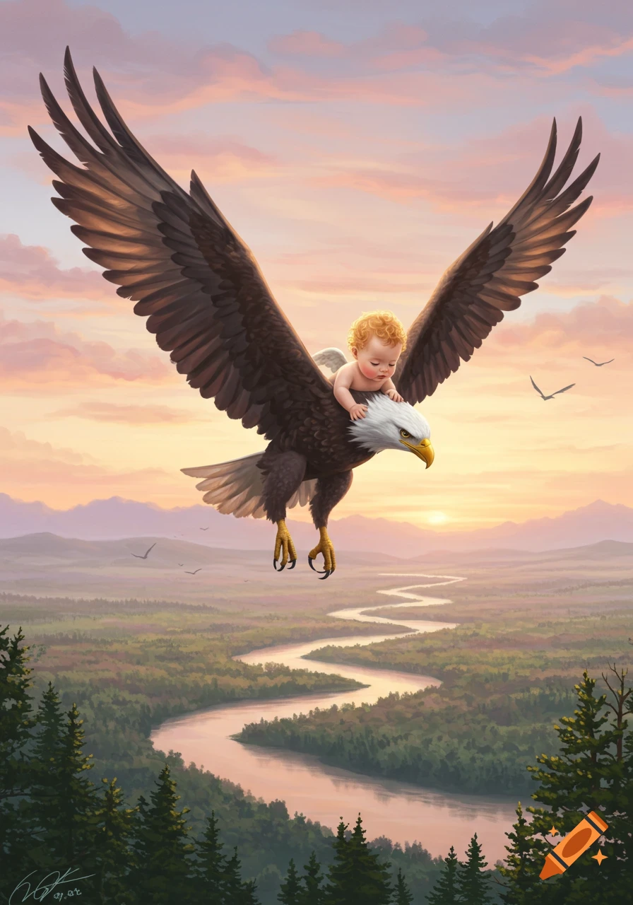A baby with tiny wings rides a majestic bald eagle flying over a winding river and green forests under a pink sunset sky.