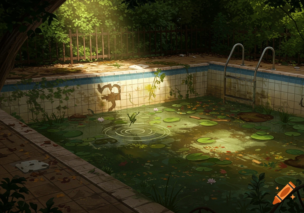 An abandoned, dirty swimming pool overgrown with plants and lily pads, with a frog jumping in the murky water, in an illustrative style.