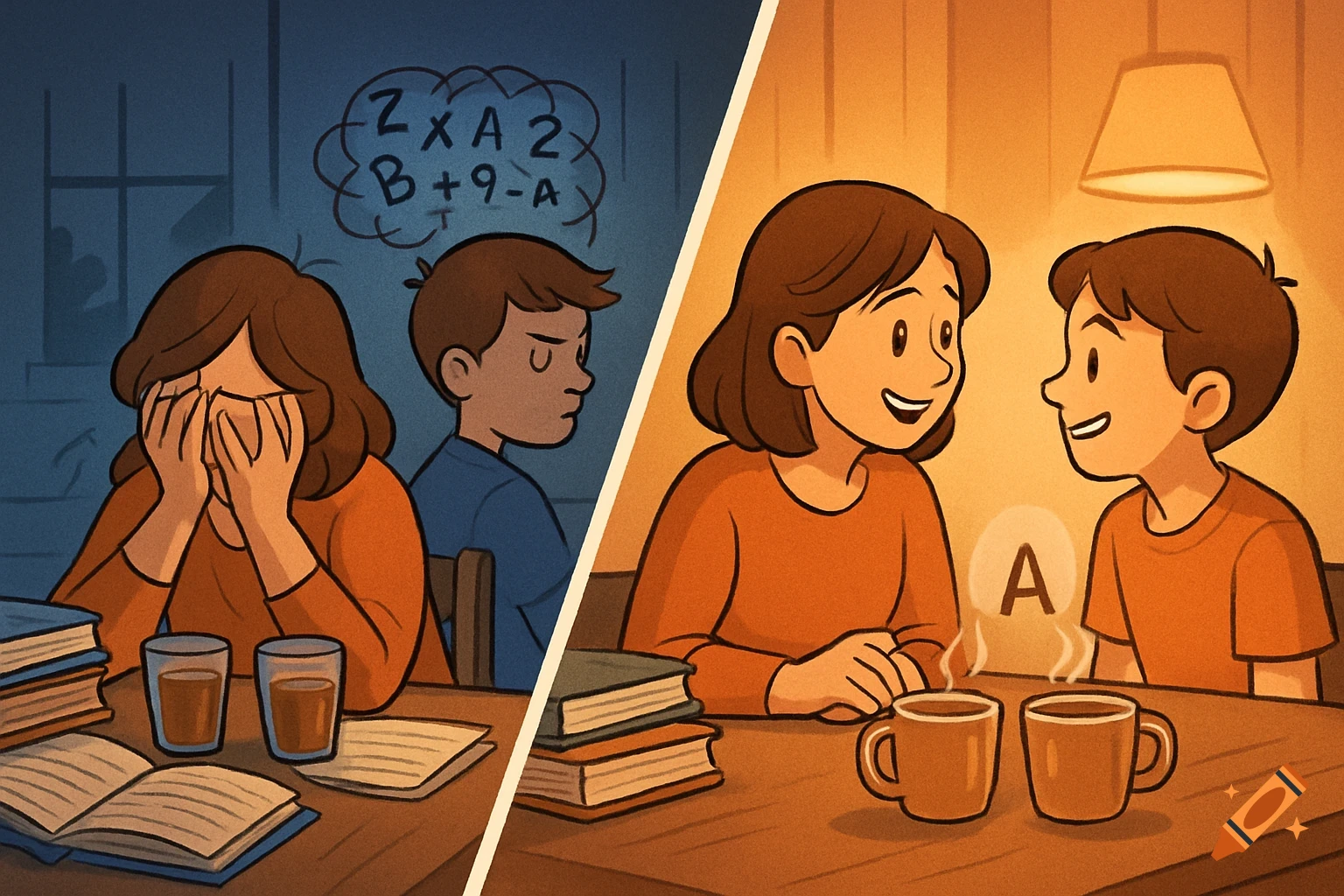Split image: Left, frustrated mother and son with chaotic math. Right, happy mother and son with letter A and hot cocoa.