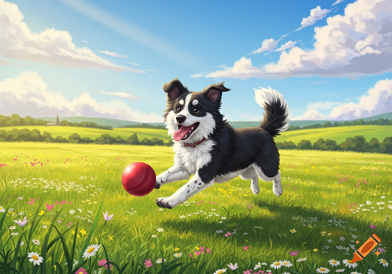A happy black and white dog runs and jumps with a red ball in a vibrant green meadow under a blue sky.