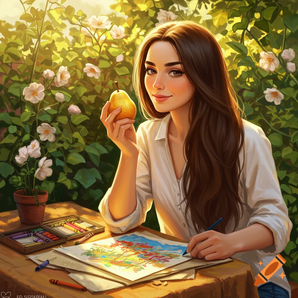 A woman with long brown hair, wearing a white shirt, holds a pear and draws in a sunny garden with white flowers.