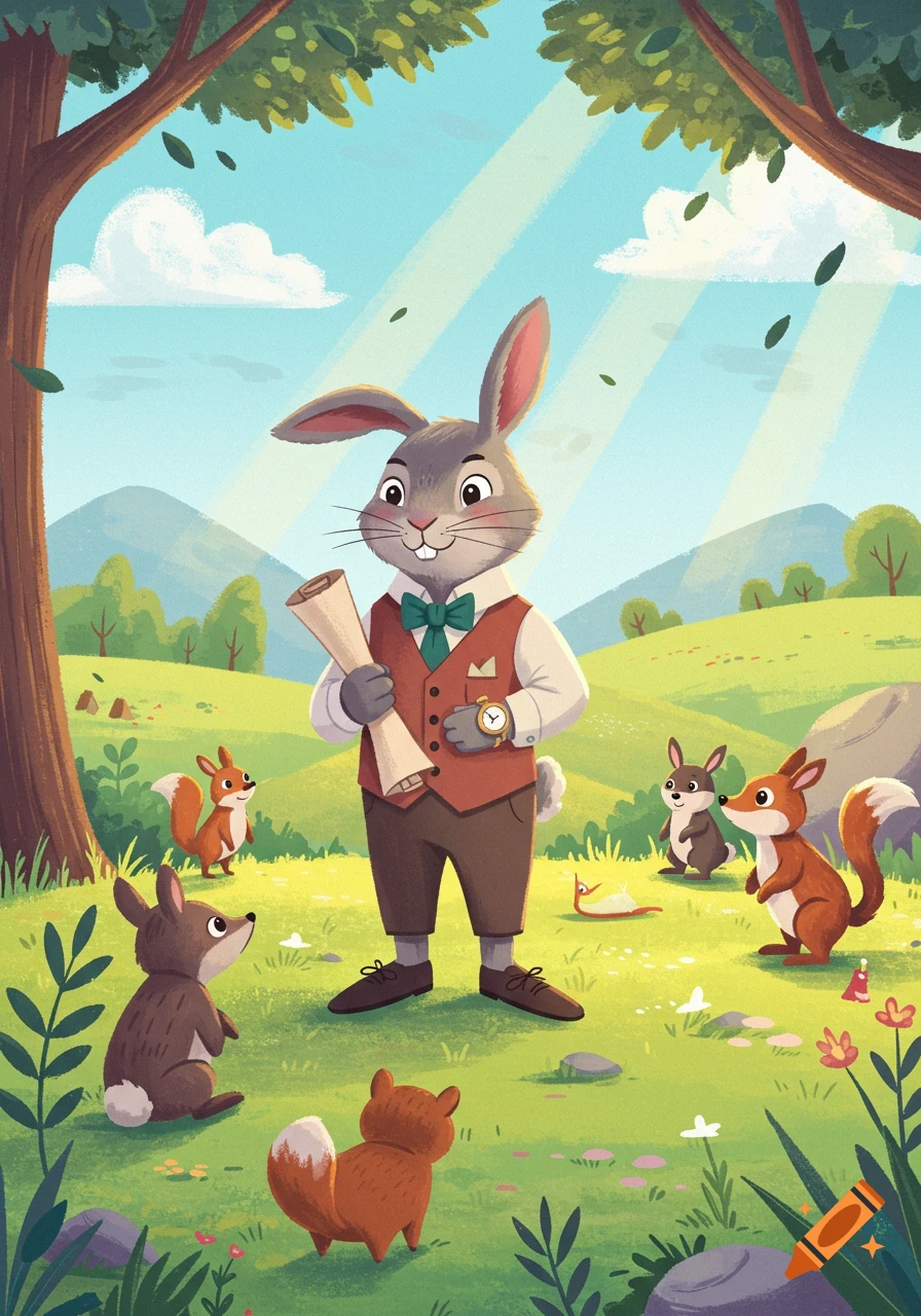 A cartoon rabbit in a vest holds a scroll, addressing squirrels and foxes in a sunny meadow. Children's illustration style.