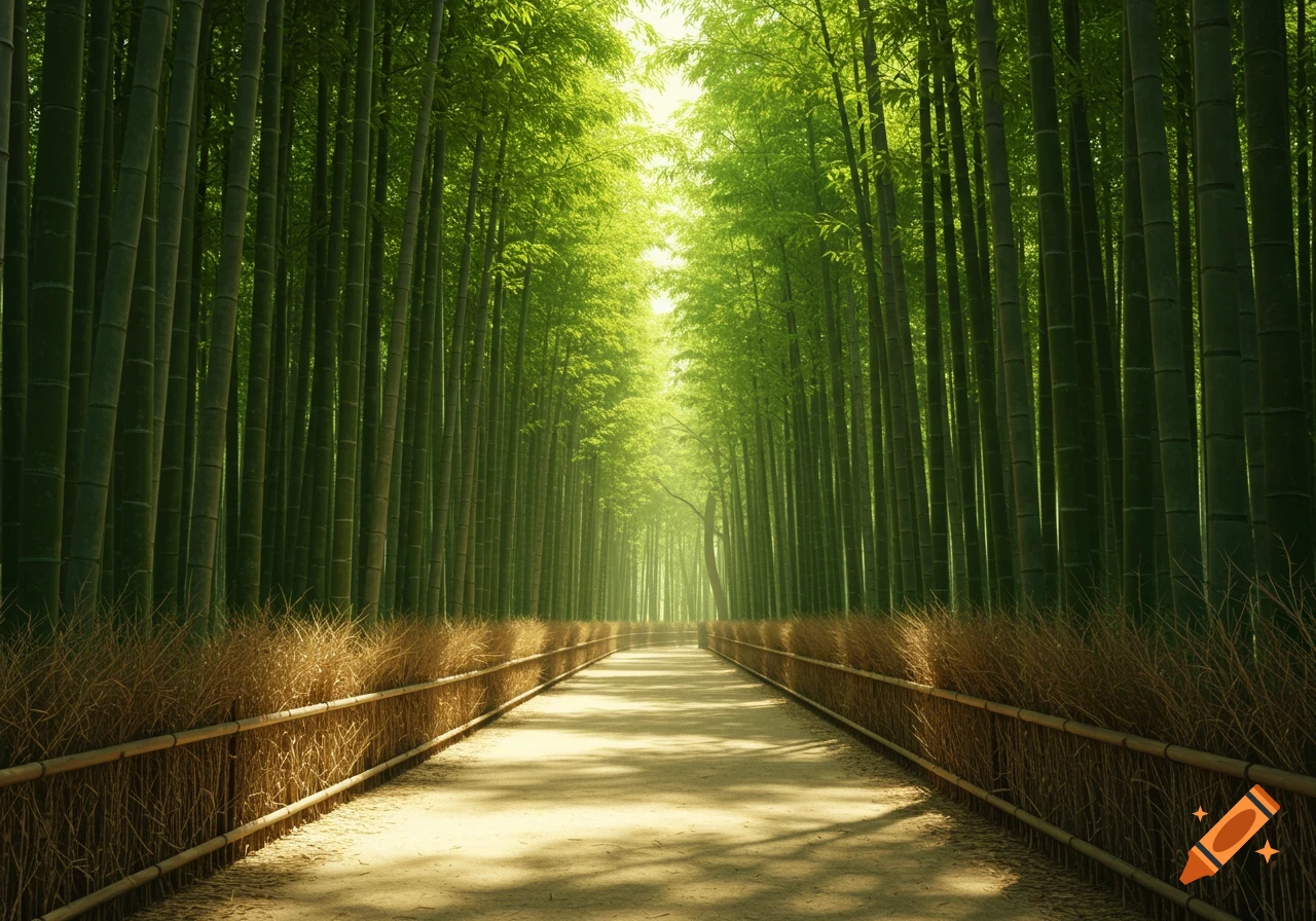 A sunlit sandy path stretches through a dense, tall green bamboo forest with low fences on either side.