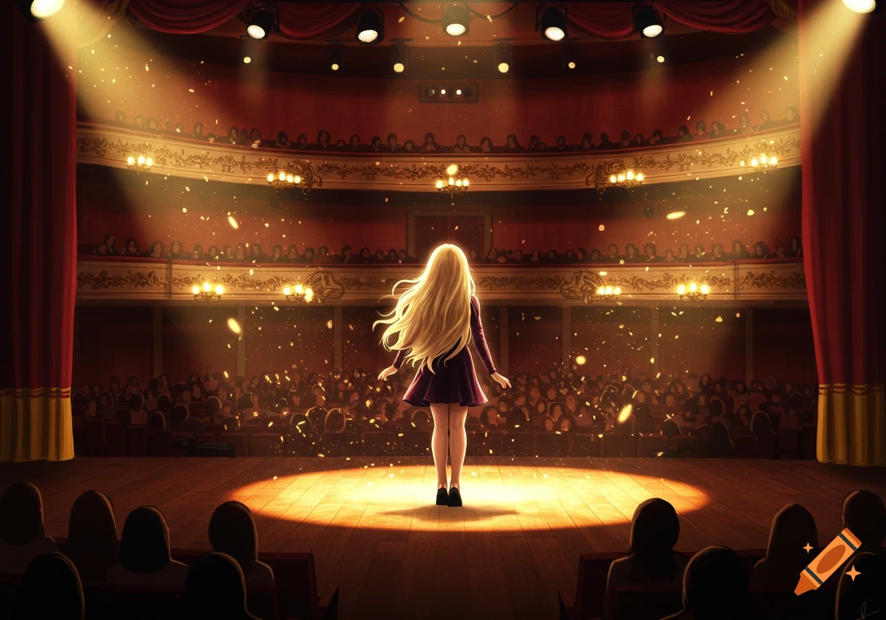 A blonde girl stands on a spotlighted stage, viewed from behind, in a grand theater with an audience and falling golden particles.