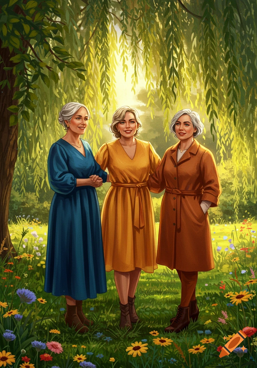 Three smiling women with gray hair stand in a vibrant garden with wildflowers under a weeping willow, painted style.