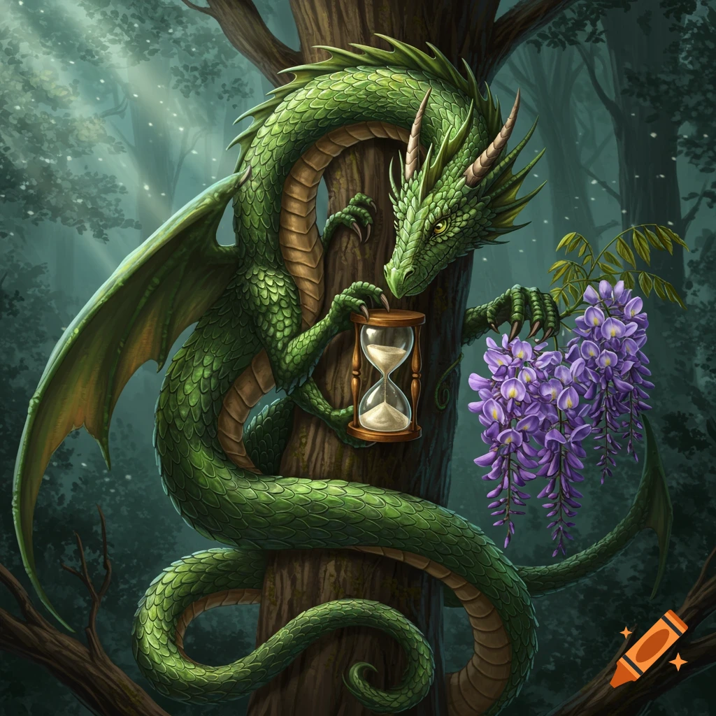 A detailed green dragon wrapped around a tree trunk, holding an hourglass and wisteria flowers in a mystical forest.