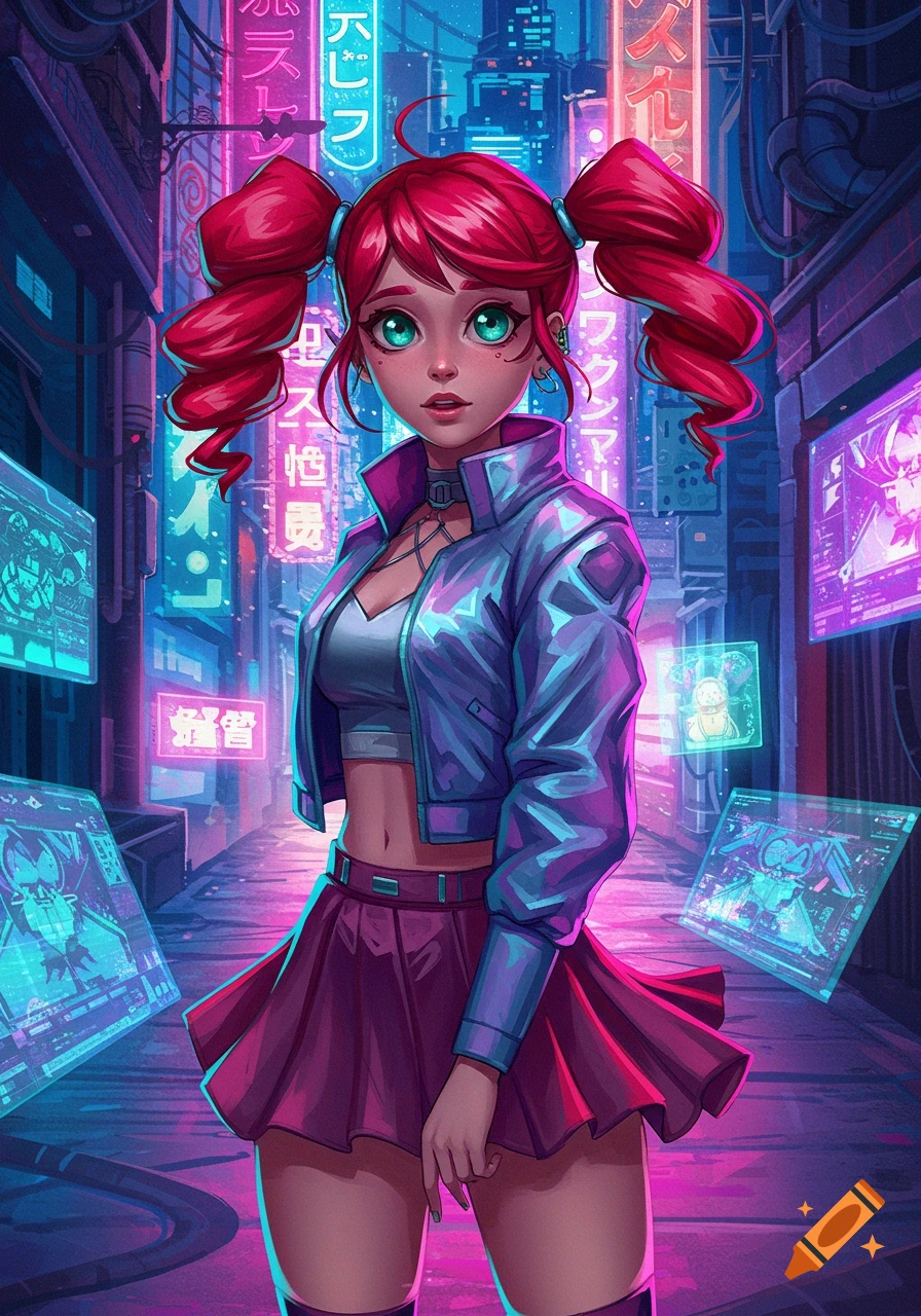 A vibrant anime-style girl with red pigtails and a purple jacket stands in a neon-lit cyberpunk alleyway.