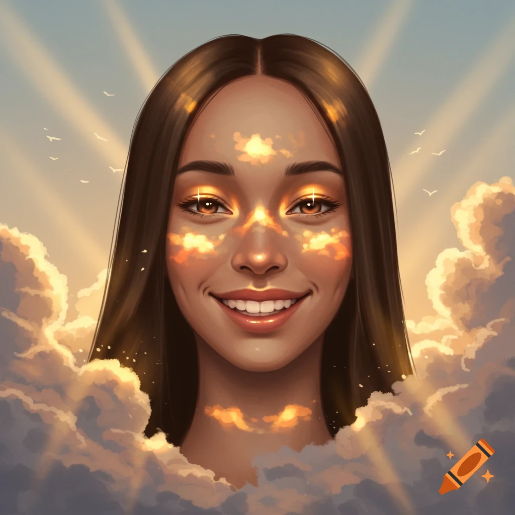 Digital art portrait of a smiling woman with golden light on her face, emerging from clouds under sun rays.