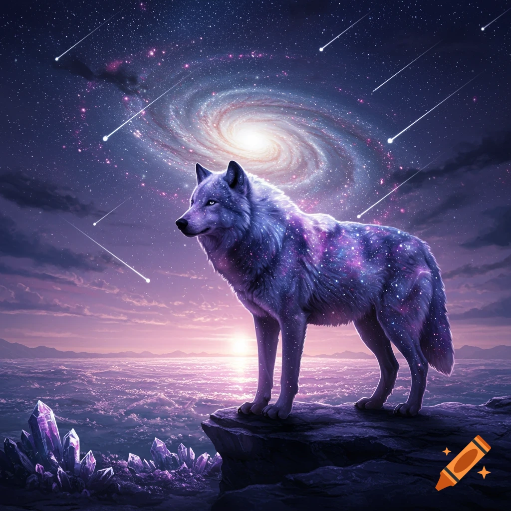 A majestic wolf with a galaxy-like fur pattern stands on a cliff at sunset, with a spiral galaxy and meteors in a purple night sky.