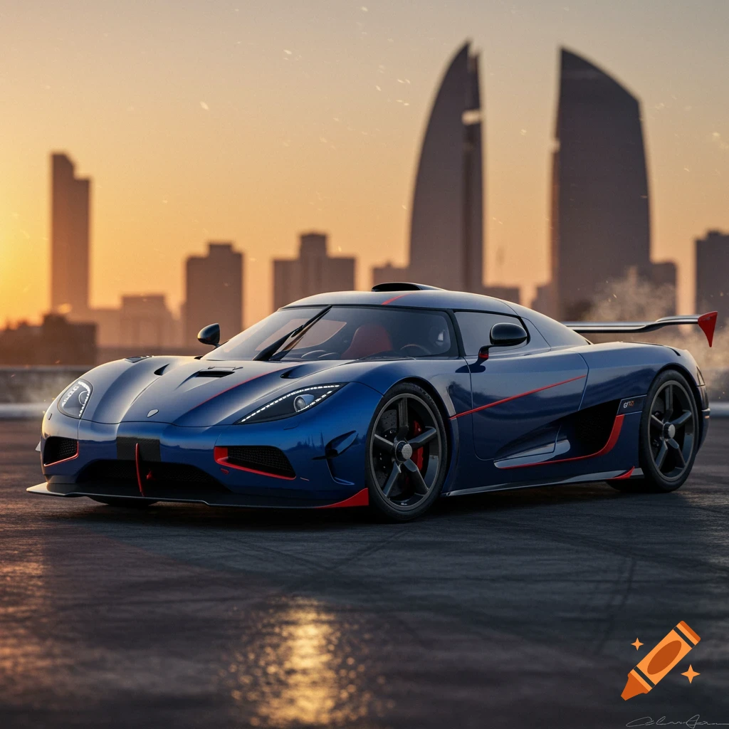 A sleek blue hypercar with red accents on a wet road, parked in front of a city skyline at sunset.