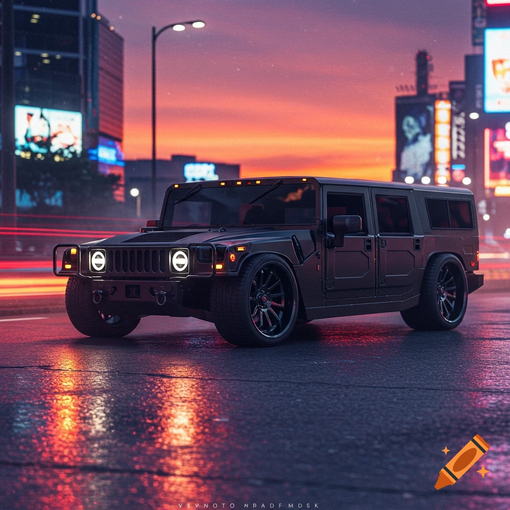 A lowered black Hummer H1 parked on a wet city street at sunset, with city lights reflecting in puddles.