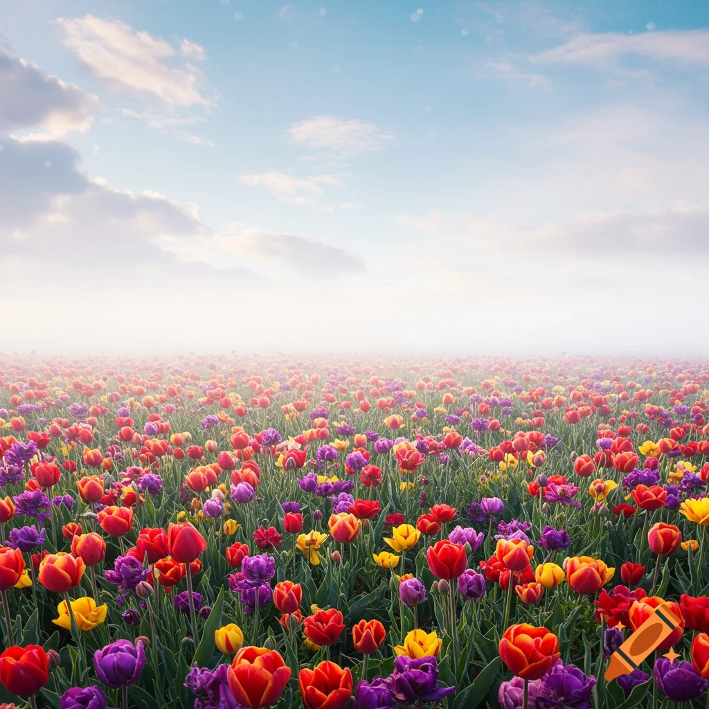 Vibrant red, purple, and yellow tulips bloom in a vast field under a hazy blue sky with soft clouds.