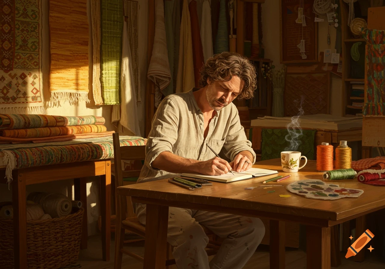 A man with wavy hair sketches in a notebook at a wooden table in a sunlit textile studio filled with woven rugs and threads.